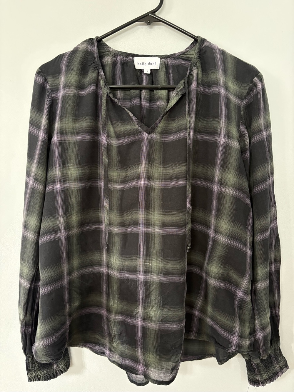 Bella Dahl Olive, Black & Lavender Plaid Long-Sleeve Peasant Blouse
